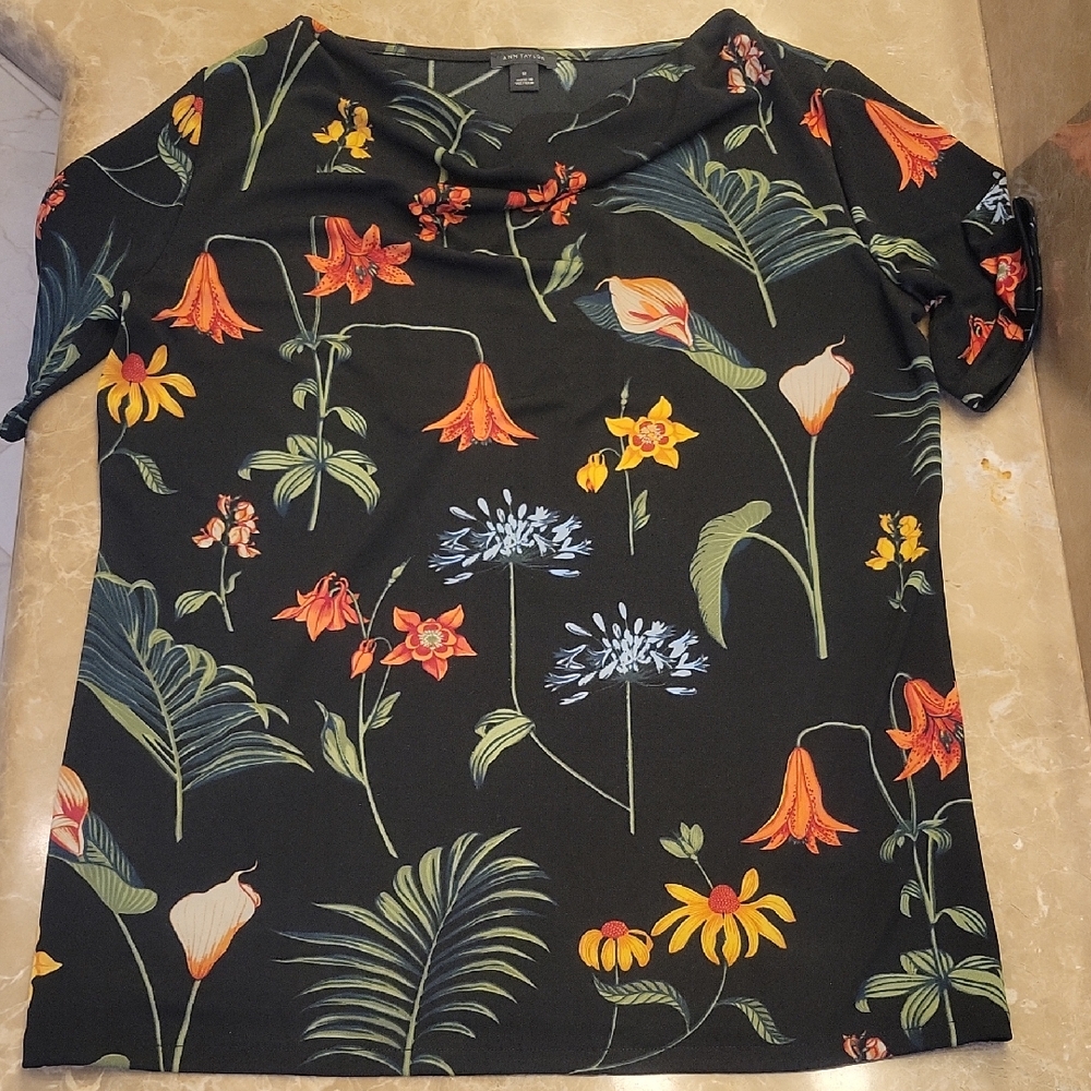 Ann Taylor Black Top with Colorful Floral Print,  M